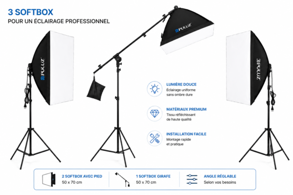 Éclairage studio Puluz 3 softbox professionnels et supports ajustables