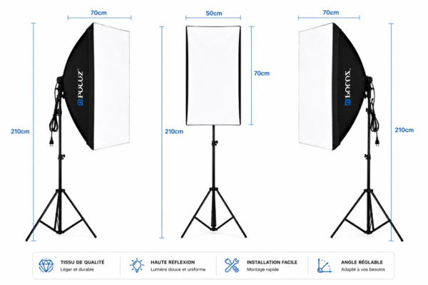 Kit softbox Puluz 50x70 cm avec trépied réglable 210 cm pour studio photo