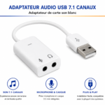 Adaptateur audio USB 7.1 canaux avec carte son externe pour PC et Mac