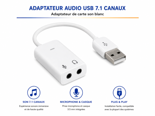 Adaptateur audio USB 7.1 canaux avec carte son externe pour PC et Mac