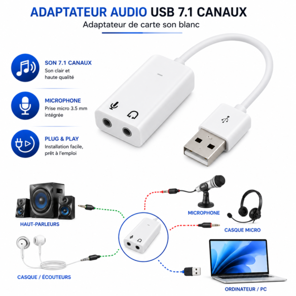 Carte son USB externe avec entrée microphone et sortie casque 3,5 mm