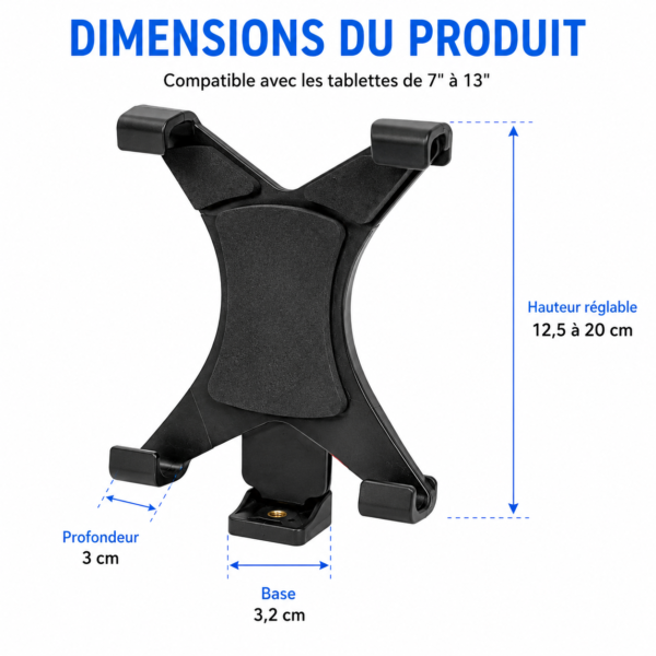 Support pour tablette avec pince universelle pour trépied photo et vidéo