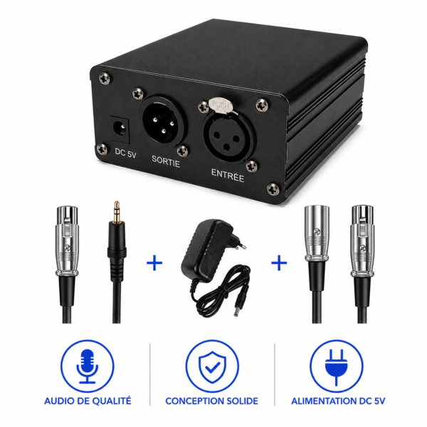 Alimentation Fantôme 48V avec câble XLR pour microphone à condensateur