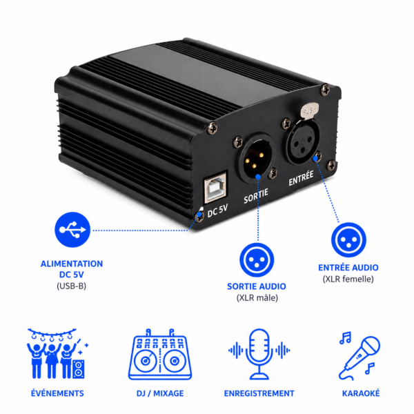 Boîtier alimentation 48V pour podcast streaming et enregistrement