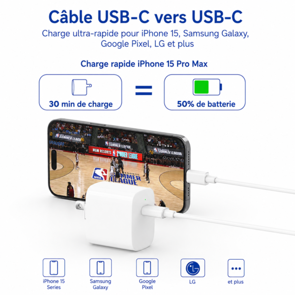 Câble USB-C compatible smartphone et tablette