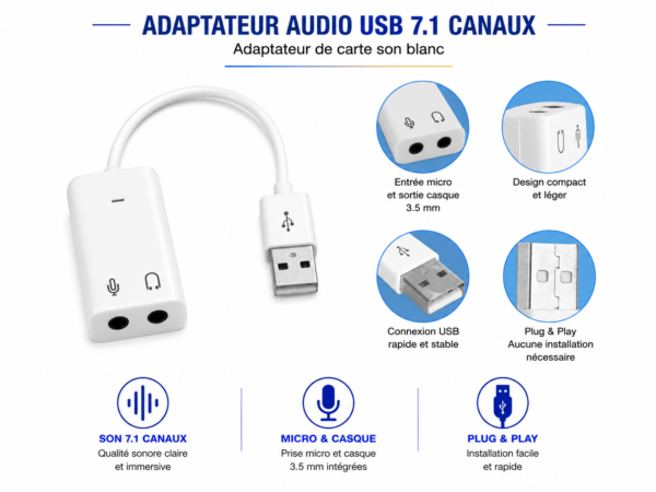 Adaptateur audio USB Plug and Play pour gaming et streaming