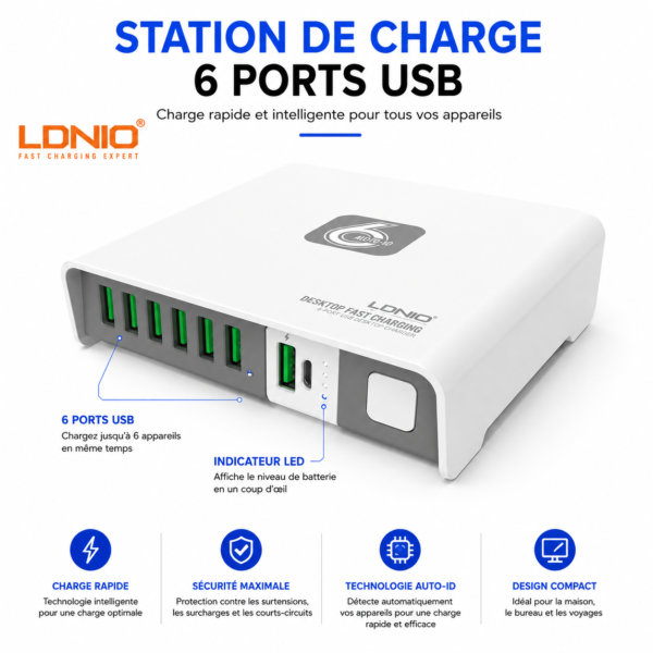 Chargeur Fast Charge 6 ports USB avec Power Bank 2600 mAh