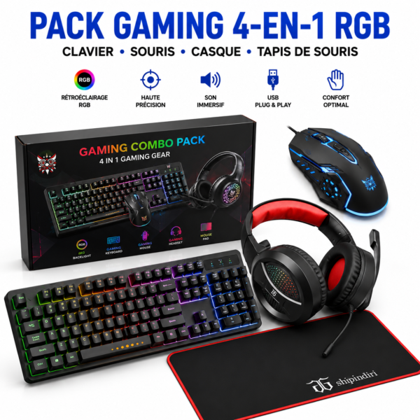 Kit gaming avec clavier, souris, casque et tapis