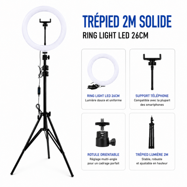 ring light 26 cm avec trépied 2 mètres