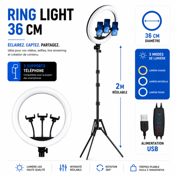 ring light 36 cm avec support 3 téléphones