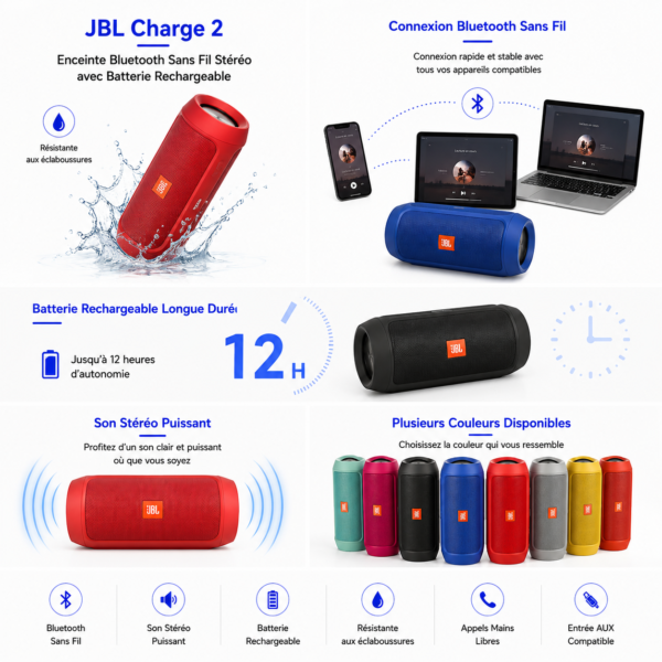 Enceinte Bluetooth JBL Charge 2 rechargeable