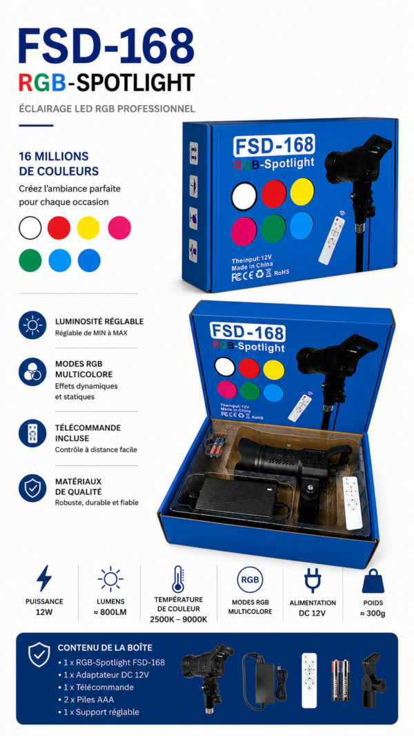 projecteur RGB professionnel avec lumière multicolore