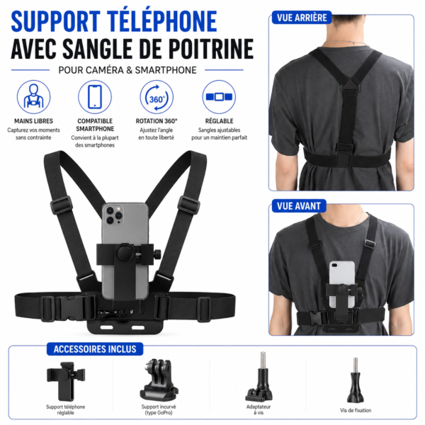 Support téléphone réglable avec sangle de poitrine pour smartphone et caméra