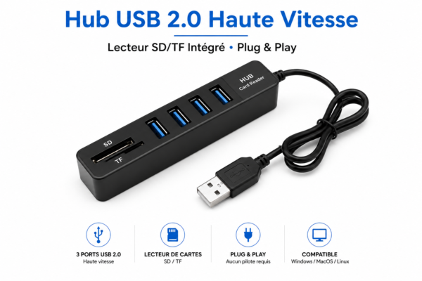 Hub USB 3 ports haute vitesse noir