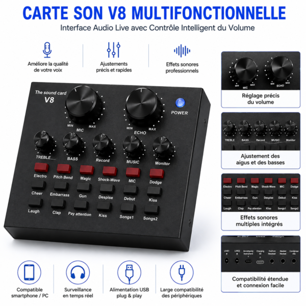 Carte Son V8 pour TikTok YouTube Facebook Live et podcast