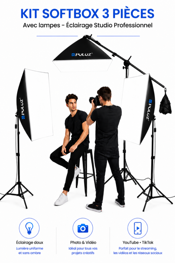 Kit Softbox 3 Pièces avec Lampes – Kit d’Éclairage Studio Professionnel pour Photo, Vidéo, YouTube & TikTok
