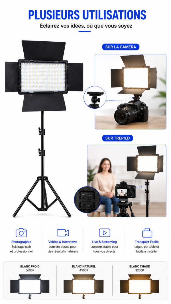 Panneau LED Bi-Color 40W avec trépied 2 mètres