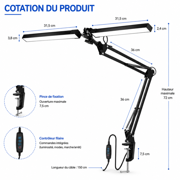 Lampe LED anti-fatigue pour bureau, étude et télétravail