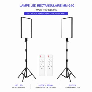 Panneau LED rectangulaire avec support réglable pour tournage vidéo