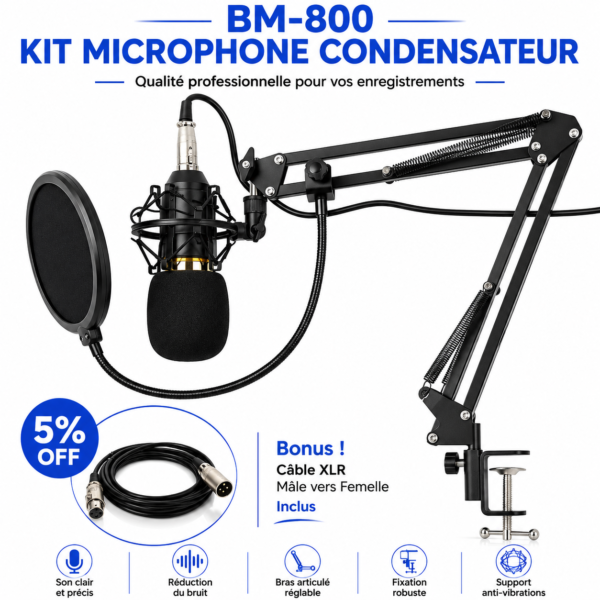 Micro BM-800 avec support studio et bras articulé pour podcast