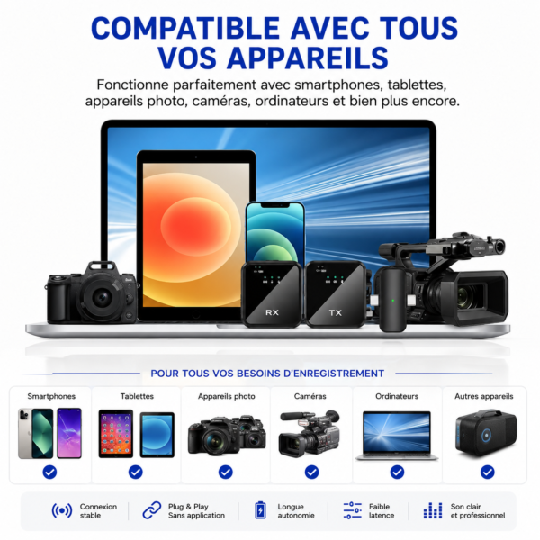 Système microphone sans fil portable pour YouTube TikTok Instagram et Facebook.
