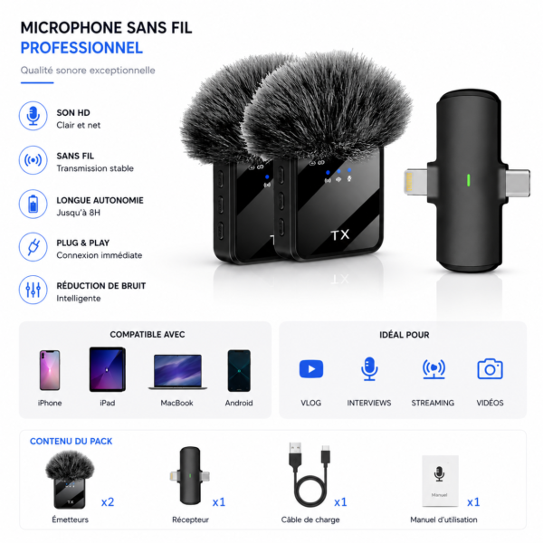 Kit microphone cravate sans fil pour vlog streaming interview et création de contenu.