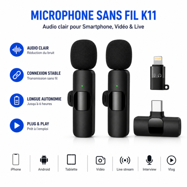 Microphone sans fil professionnel pour podcast et livestream