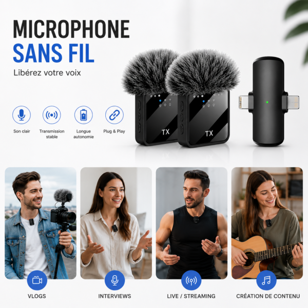 Microphone sans fil à réduction de bruit pour enregistrement vidéo professionnel.