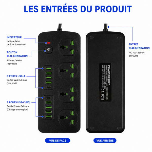 Chargeur multiprise avec 2 ports USB-C PD
