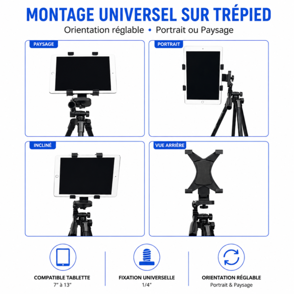 Adaptateur tablette compatible iPad et Galaxy Tab pour trépied