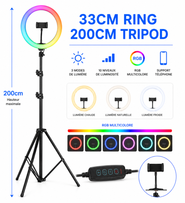 ring light led avec support smartphone