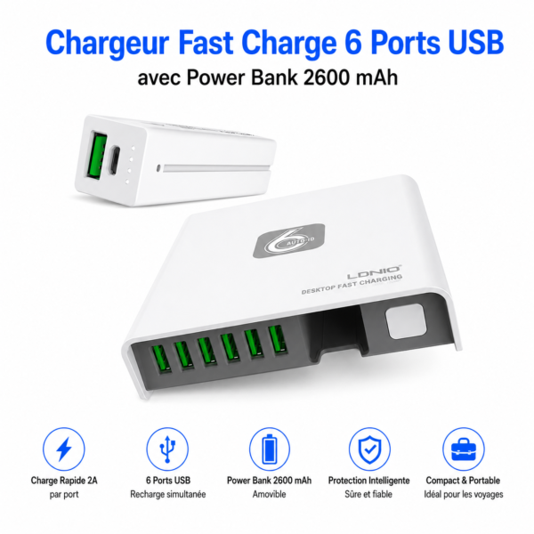 Chargeur USB 2A avec batterie externe 2600 mAh