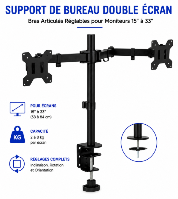 Support VESA double écran ergonomique