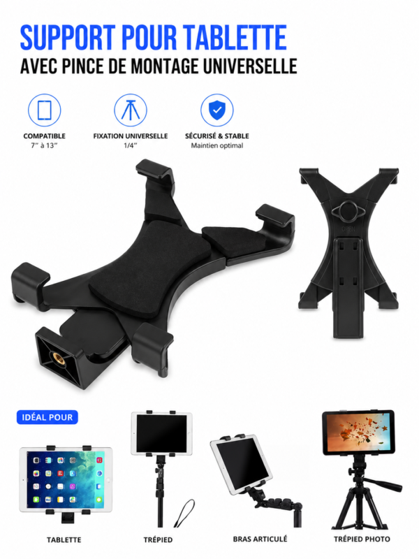 Support tablette réglable avec fixation standard 1/4 pouce