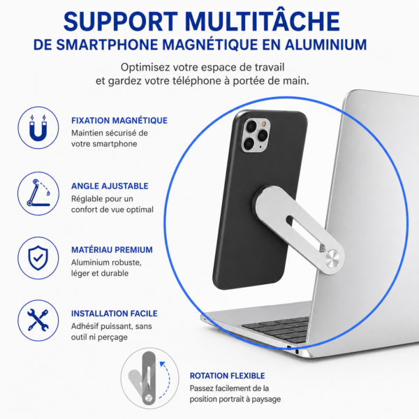 Support smartphone pliable en aluminium avec fixation magnétique