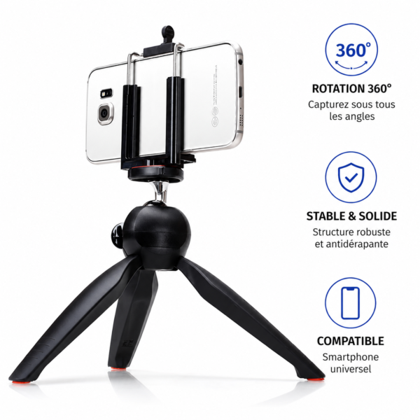 Trépied professionnel compatible smartphone, caméra et Ring Light