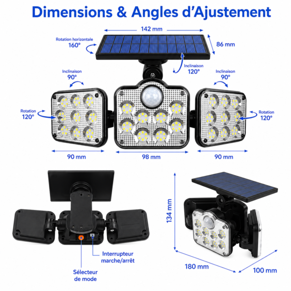 Lampadaire solaire extérieur trois têtes LED