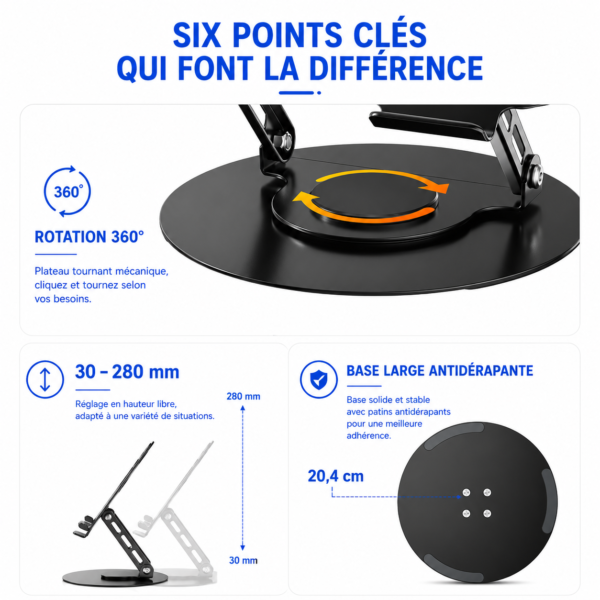 Support de bureau pliable et rotatif 360° pour ordinateur portable