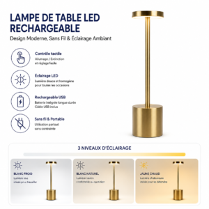 Lampe de table tactile avec éclairage LED réglable et batterie intégrée