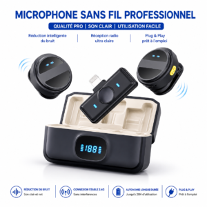 Microphone cravate rechargeable avec transmission 2.4 GHz