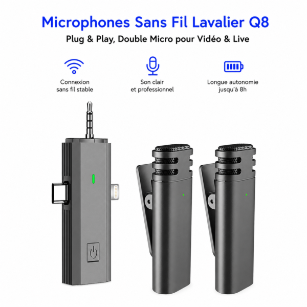 Double microphone Lavalier Q8 pour TikTok YouTube et podcast