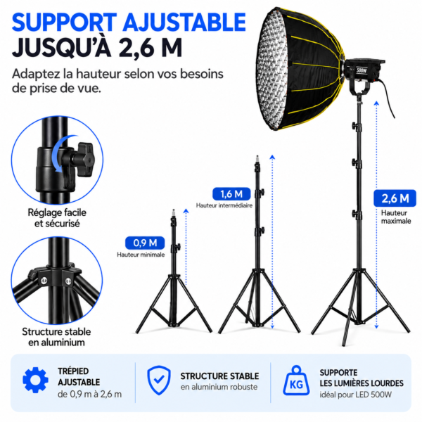 Kit lumière vidéo LED 500W avec softbox parabolique 90 cm et trépied réglable 2,6 m