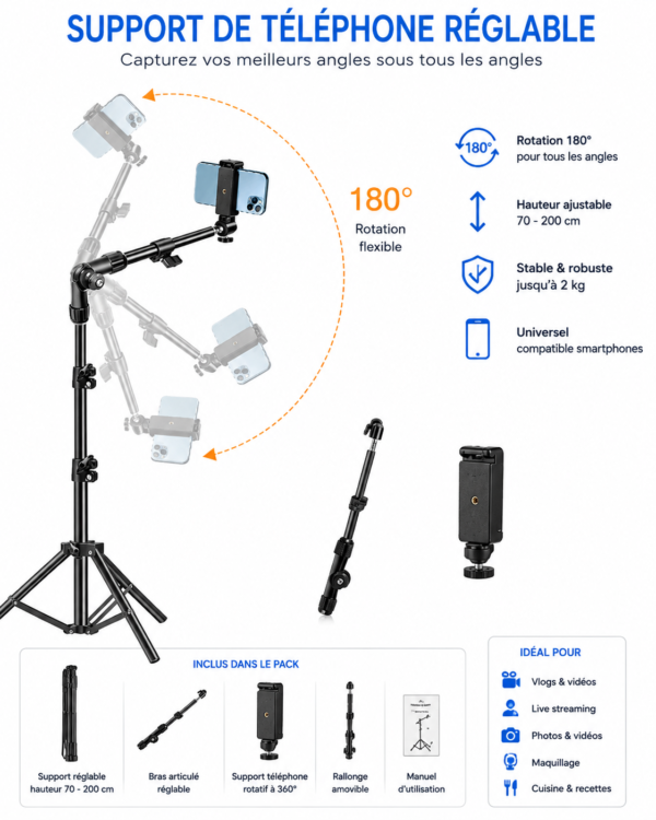 Support téléphone universel pour création de contenu, vlog et live streaming.