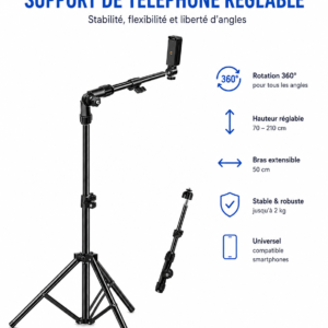 Support de téléphone réglable avec trépied professionnel et bras extensible pour vidéo et streaming.