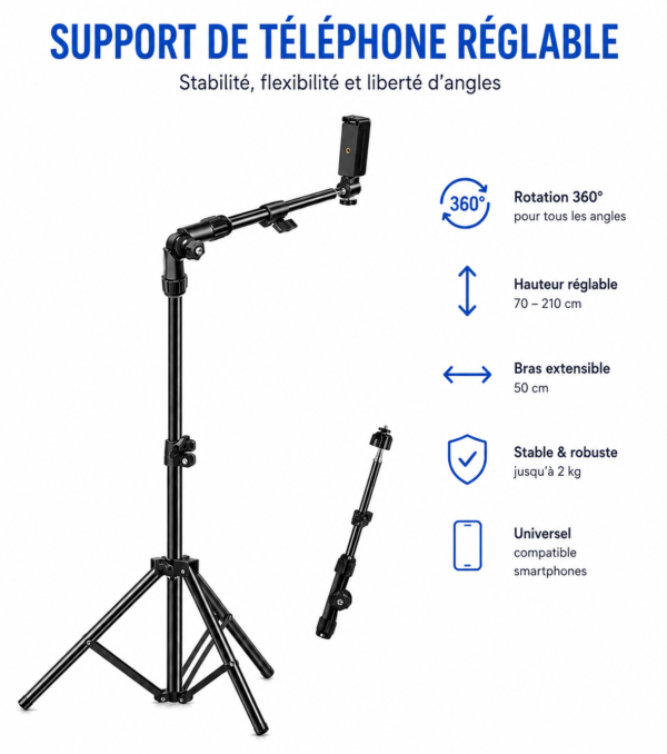 Support de téléphone réglable avec trépied professionnel et bras extensible pour vidéo et streaming.