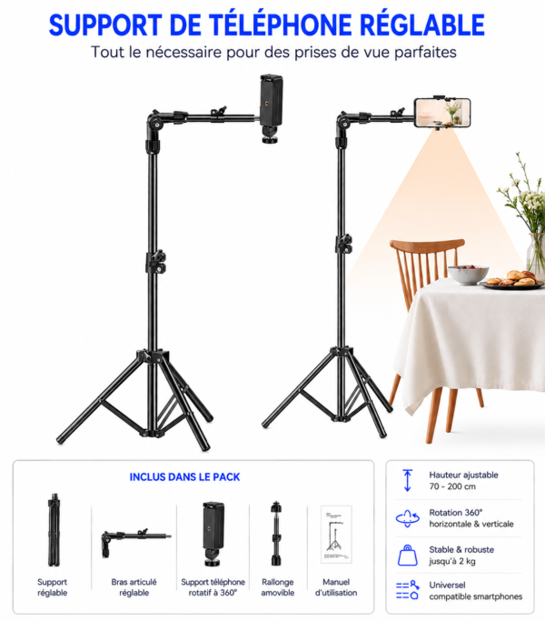 Trépied robuste pour smartphone avec bras articulé extensible de 50 cm.