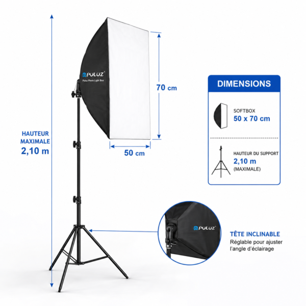 Kit éclairage photo Puluz avec softbox inclinable et pied stable