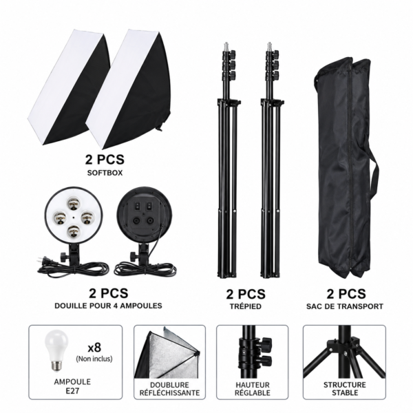 Kit studio vidéo avec softbox 4 ampoules et trépieds ajustables