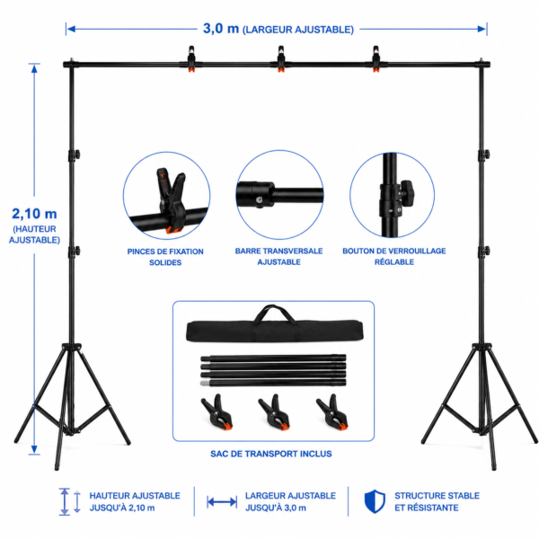 Support backdrop réglable pour photographie avec sac de transport inclus