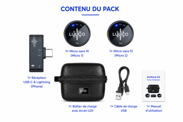 Micro Lavalier professionnel AirWave K2 avec boîtier de charge